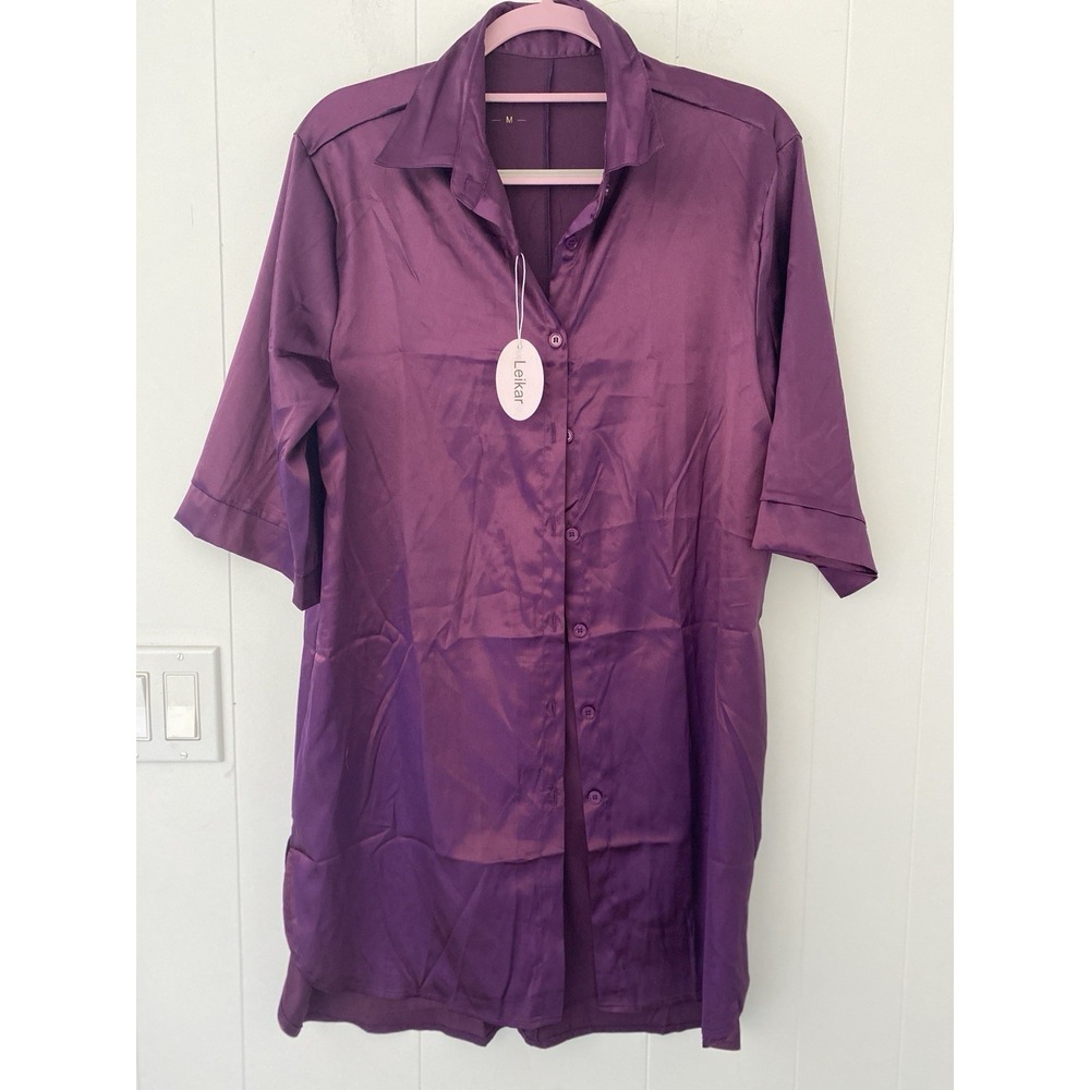 Purple Satin Night Shirt Button Up Collar Purple Size M New